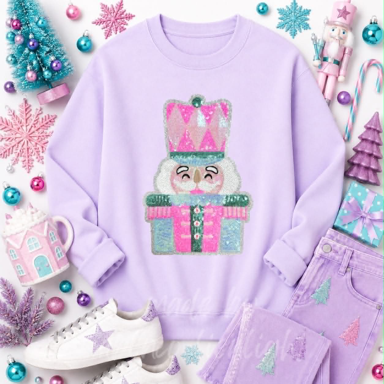 Pink & Mint Nutcracker Christmas Sequin Patch Sweatshirt