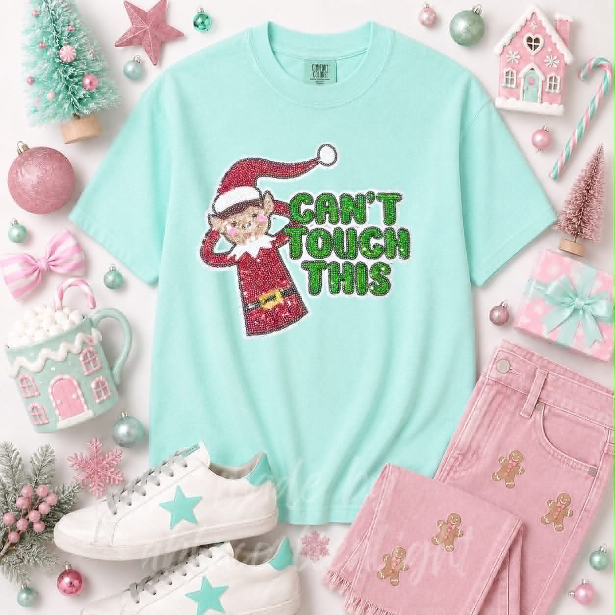 Can't Touch This Elf Christmas Sequin Patch Tshirt