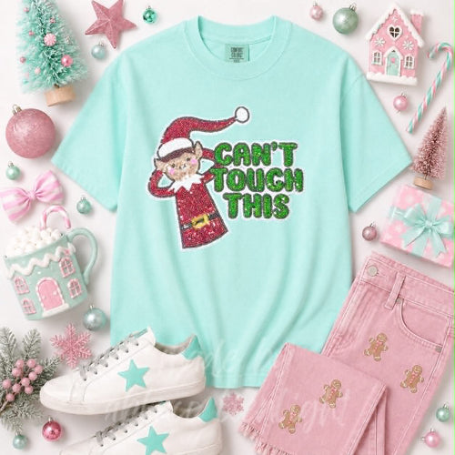 Can't Touch This Elf Christmas Sequin Patch Tshirt
