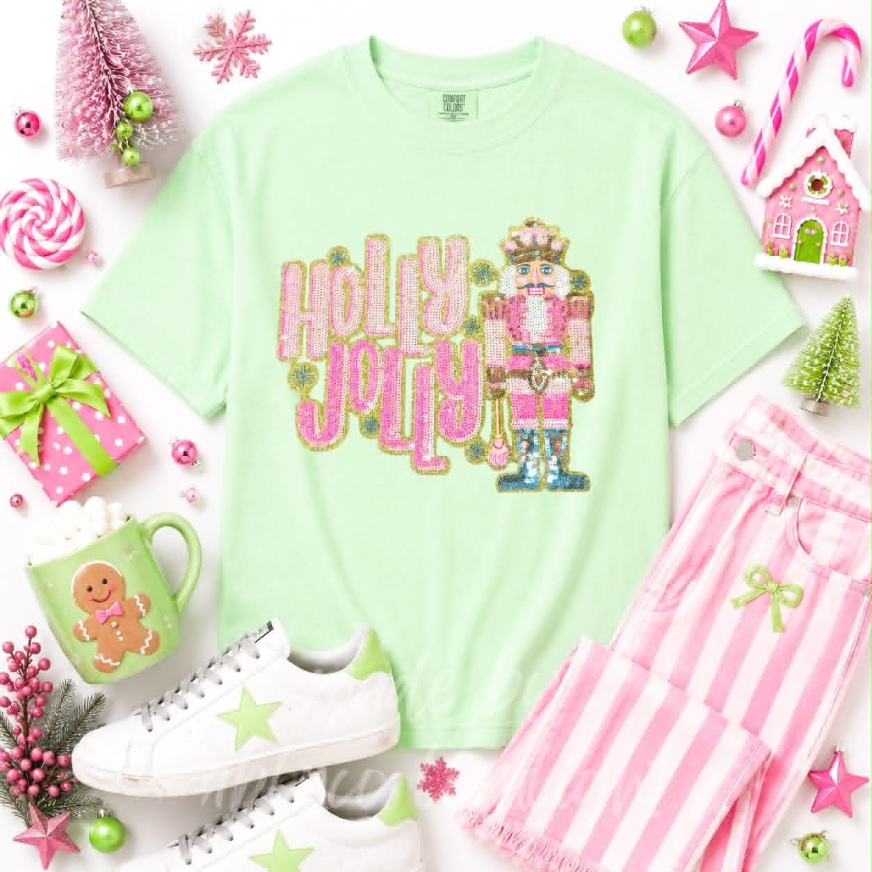 Holly Jolly Nutcracker Christmas Sequin Patch Tshirt