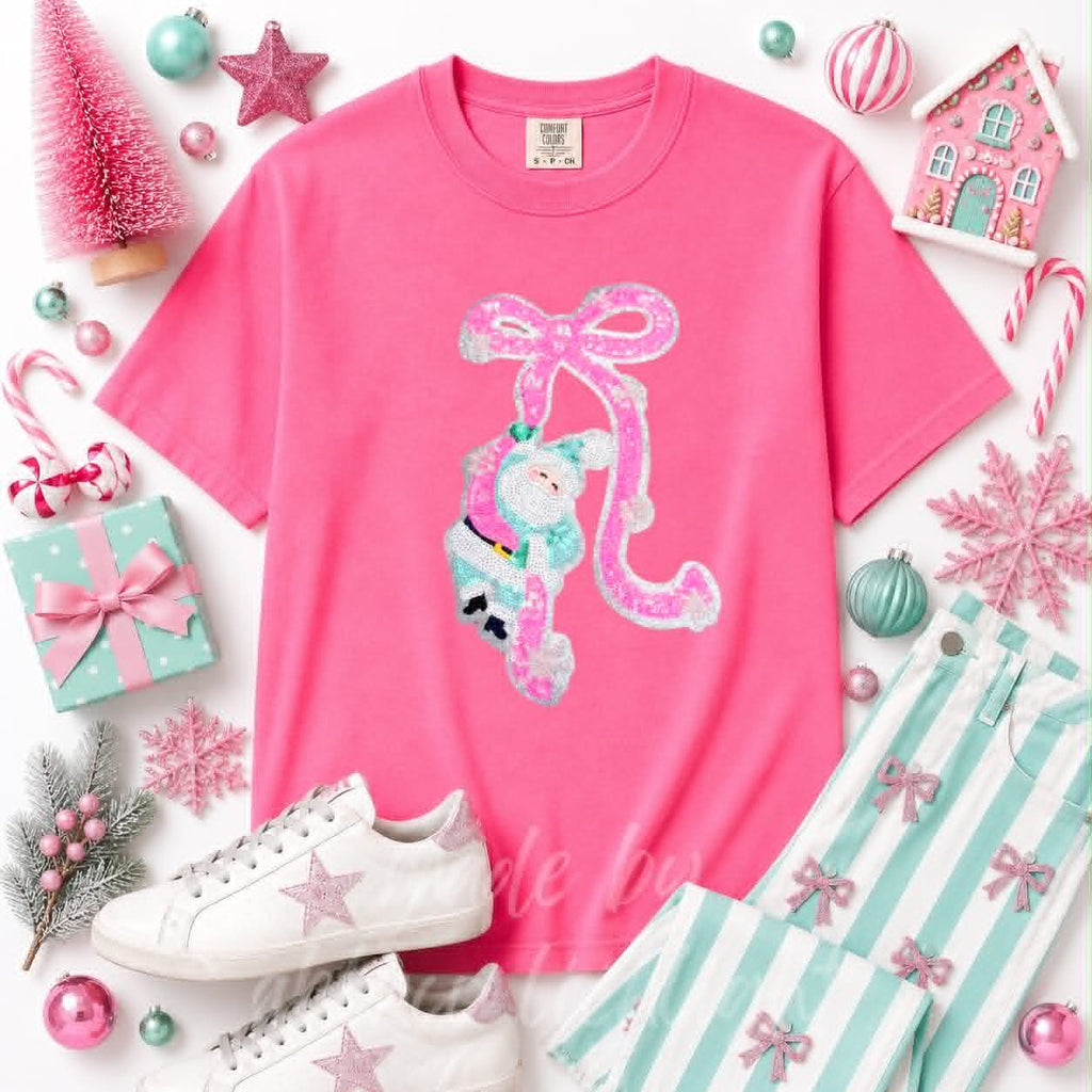Pink Santa Bow Christmas Sequin Patch Tshirt