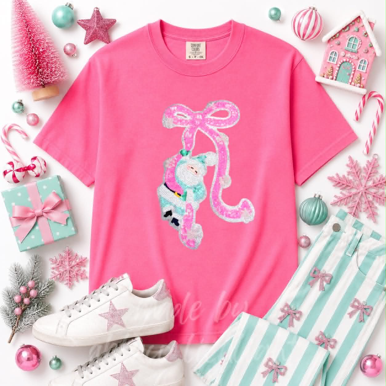 Pink Santa Bow Christmas Sequin Patch Tshirt