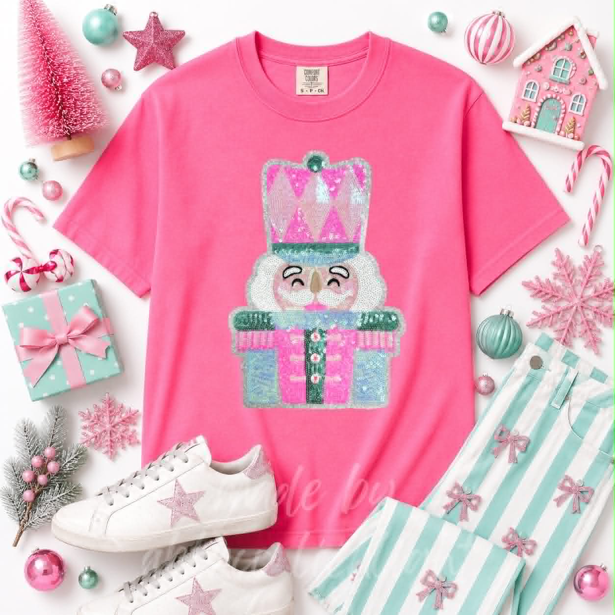 Pink & Mint Nutcracker Christmas Sequin Patch Tshirt