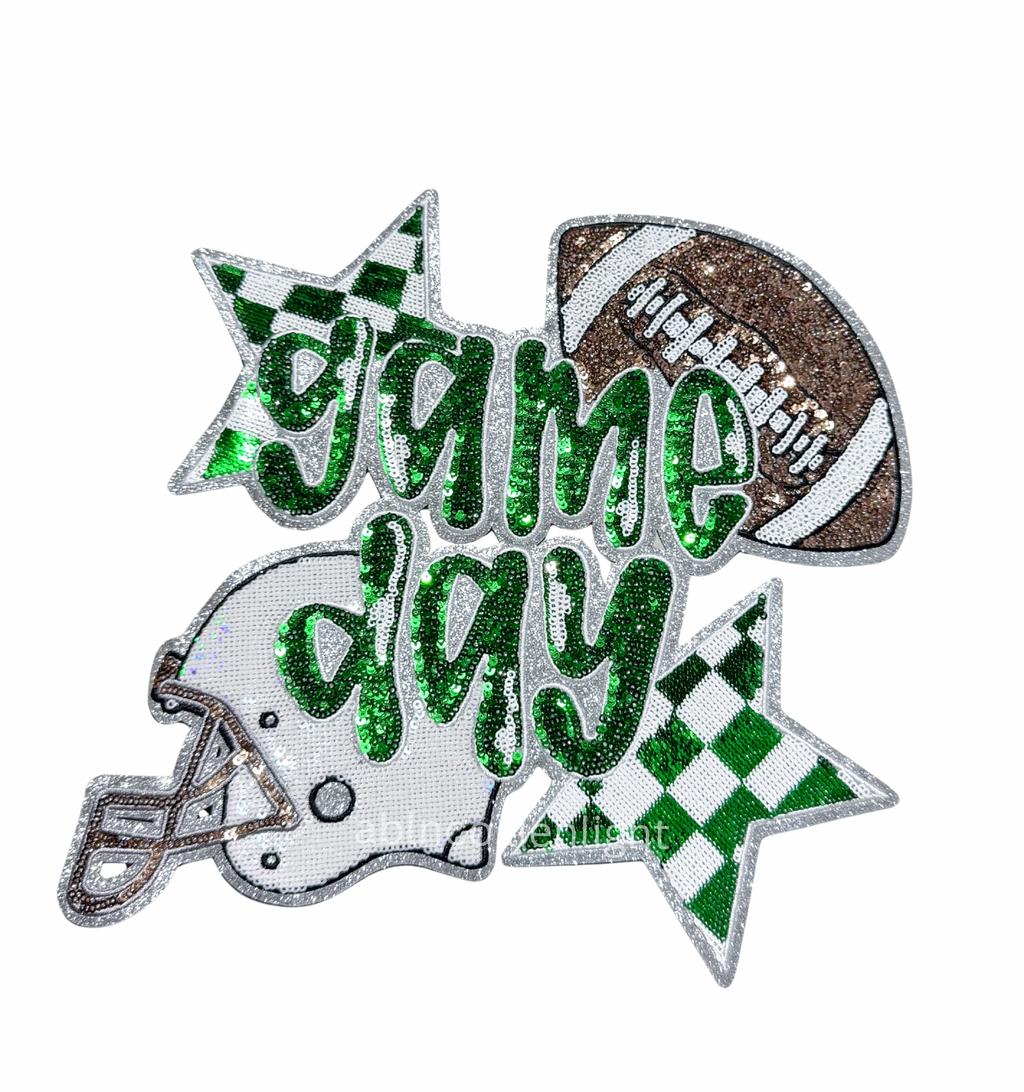 Green Game Day Checkered Football Sequin Patch - Large