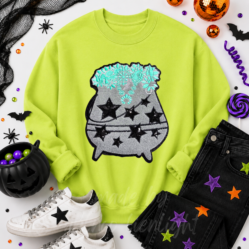 Turquoise Cauldron Halloween Sequin Patch Sweatshirt