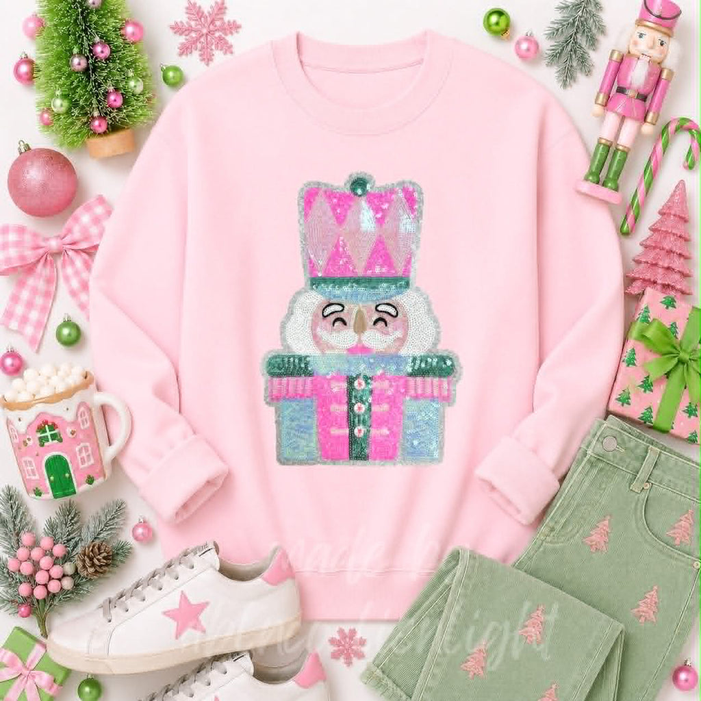 Pink & Mint Nutcracker Christmas Sequin Patch Sweatshirt