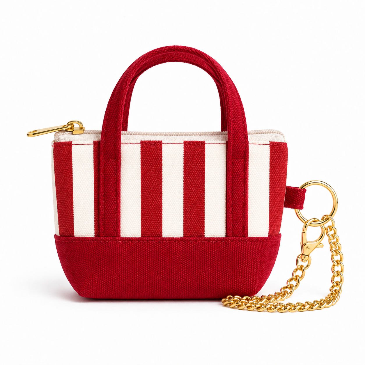Red Striped Mini Tote Bag Keychain | Zippered Purse Charm & Pouch