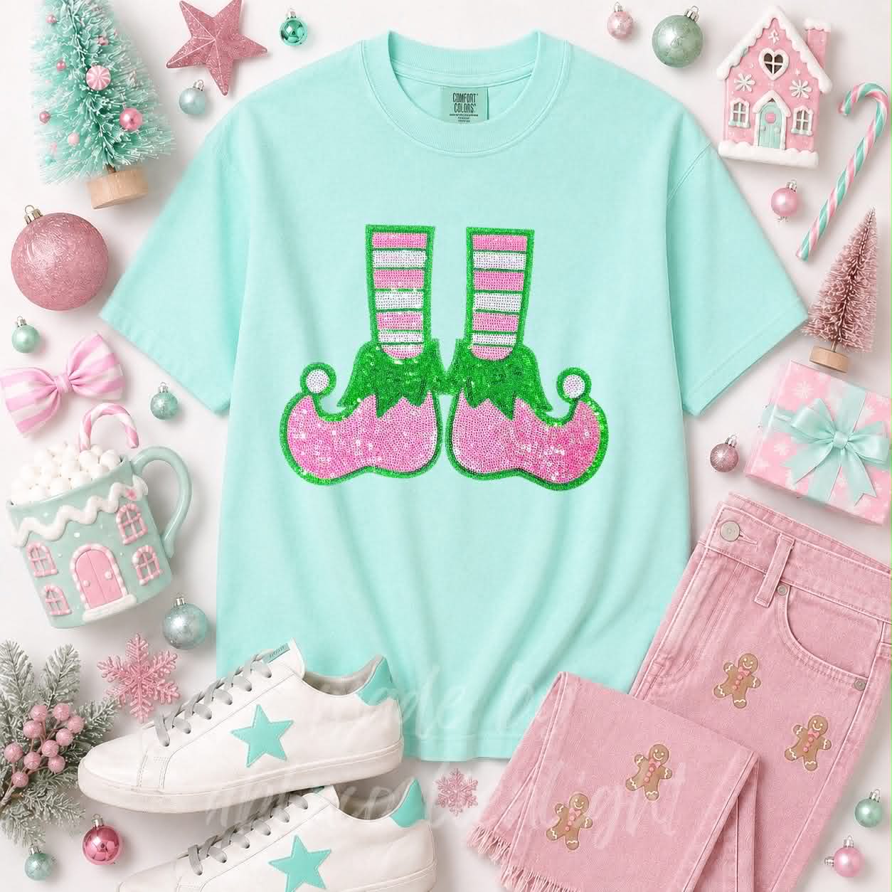Elf Shoes Christmas Sequin Patch Tshirt