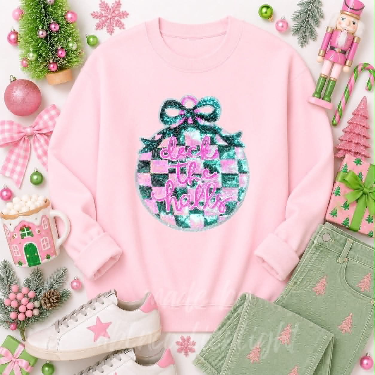 Deck The Halls Ornament Christmas Sequin Patch Sweatshirt