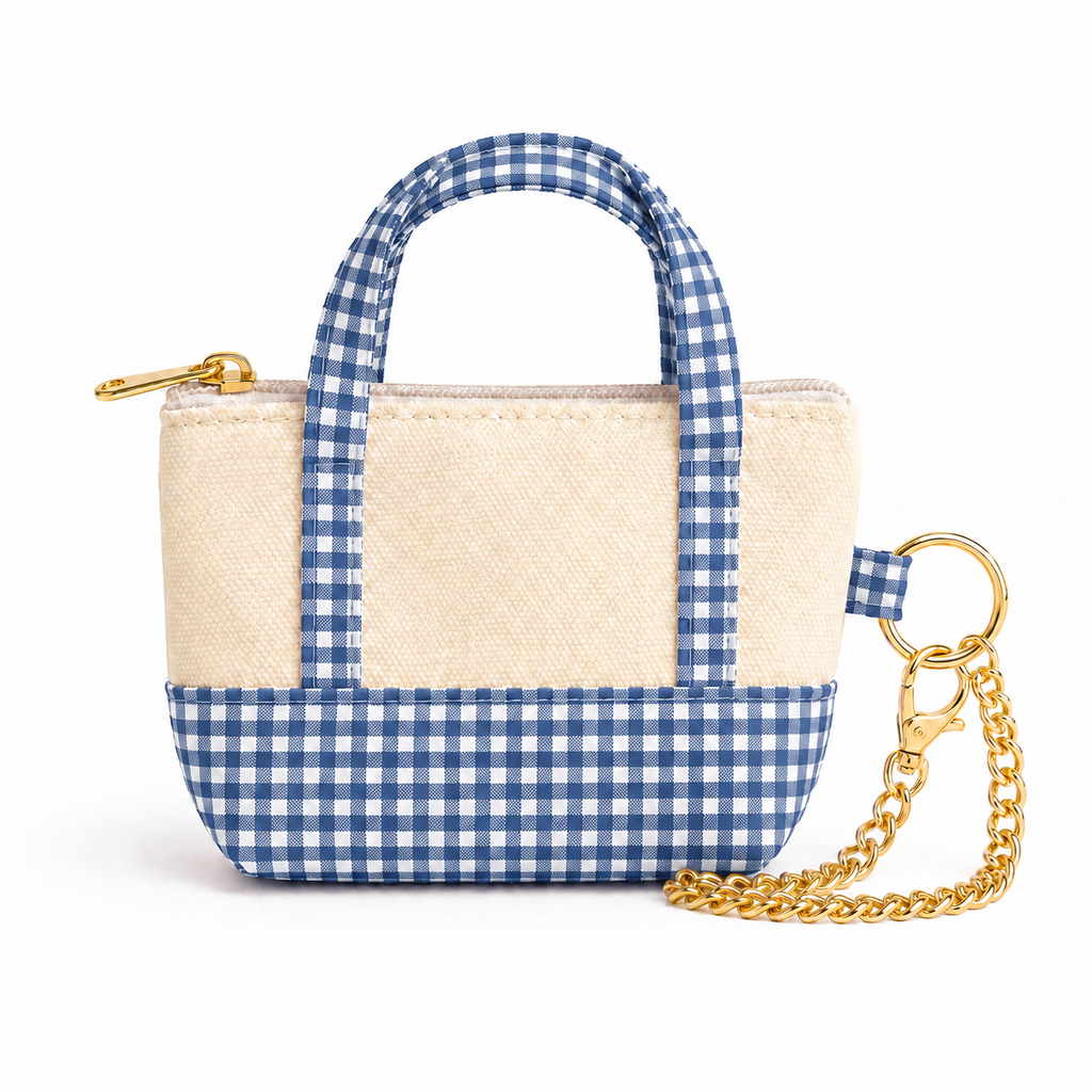 Blue Gingham Mini Tote Bag Keychain | Zippered Purse Charm & Pouch