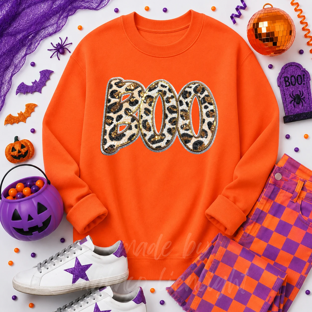 Cheetah Print Boo Halloween Sequin Patch Sweatshirt