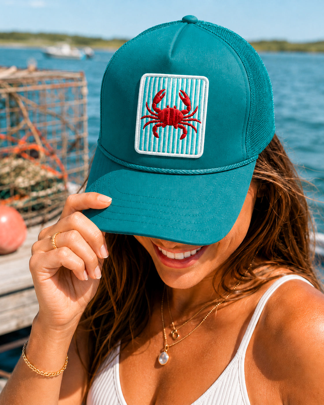 Turquoise Striped Crab Summer Embroidery Patch Otto Trucker Hat