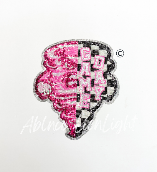 Preppy Pink Checkered Twister Cyclone Mascot Game Day Sequin Patch
