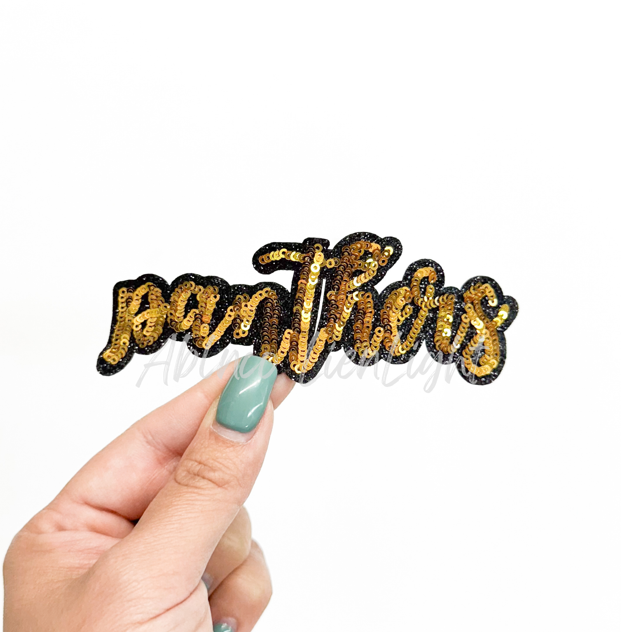 Panthers Mascot Gold Script Sequin Patch - Small