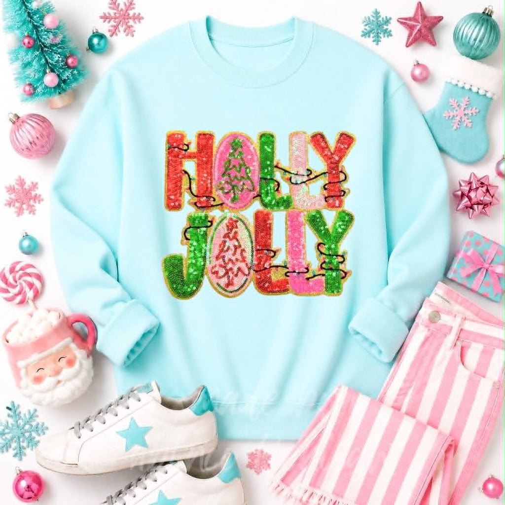 Holly Jolly Lights Christmas Sequin Patch Sweatshirt