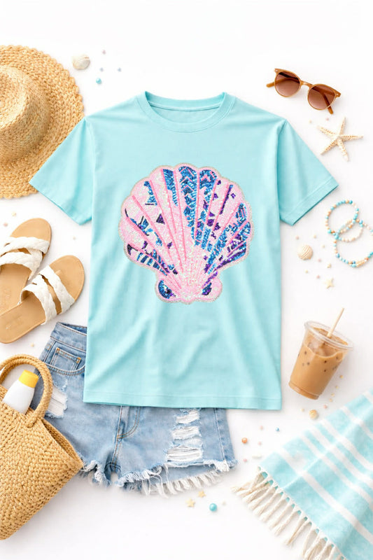 Pink and Blue Seashell Summer Sequin Patch Tshirt