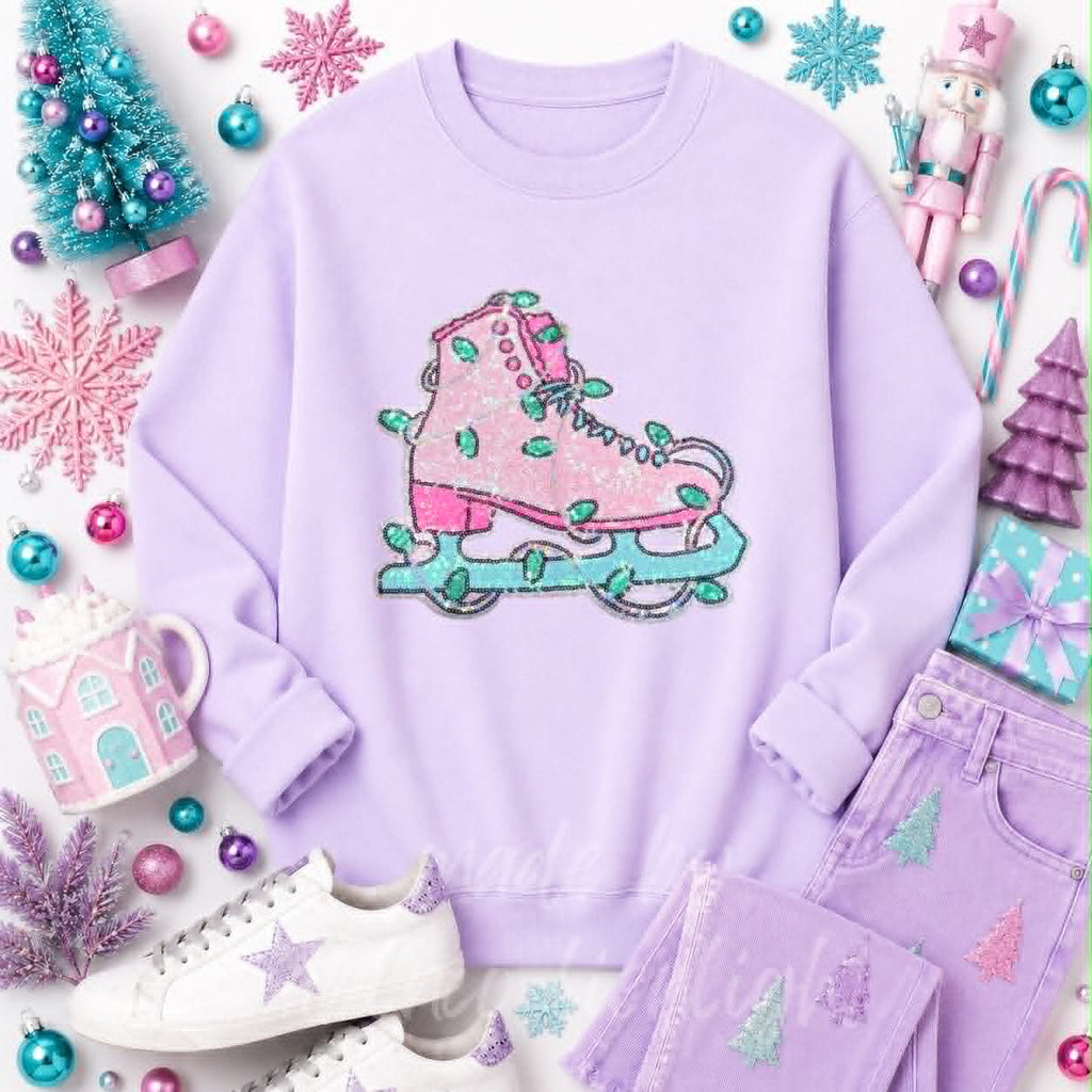 Pink Ice Skate Christmas Sequin Patch Sweatshirt
