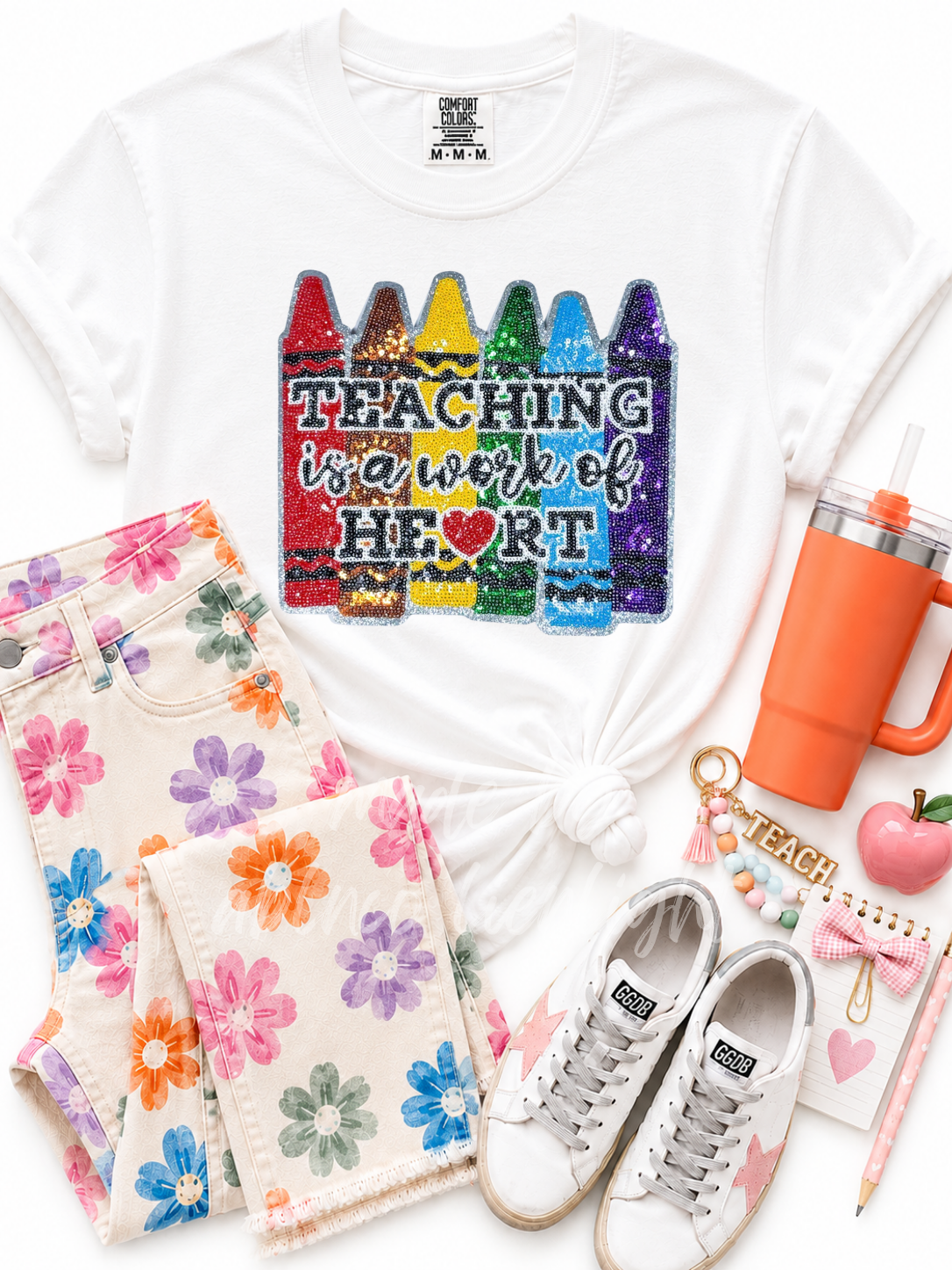 Teaching Is a Work Of Heart Teacher Sequin Patch Tshirt