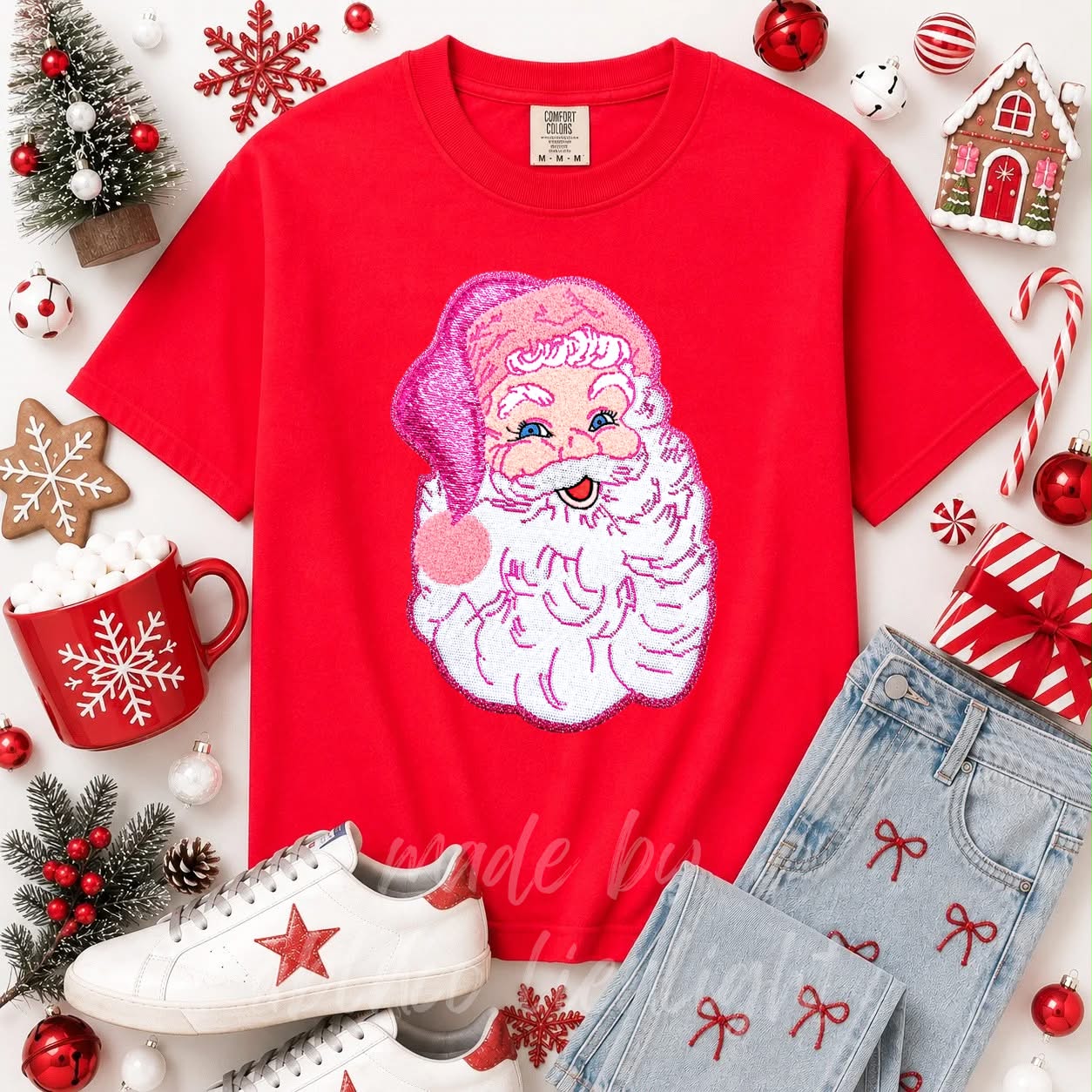 Pink Santa Christmas Sequin Patch Tshirt