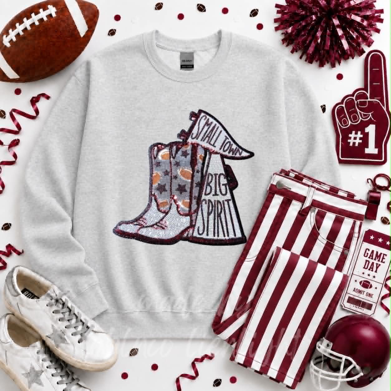 Maroon Small Town Big Spirit Football Sequin Patch Sweatshirt