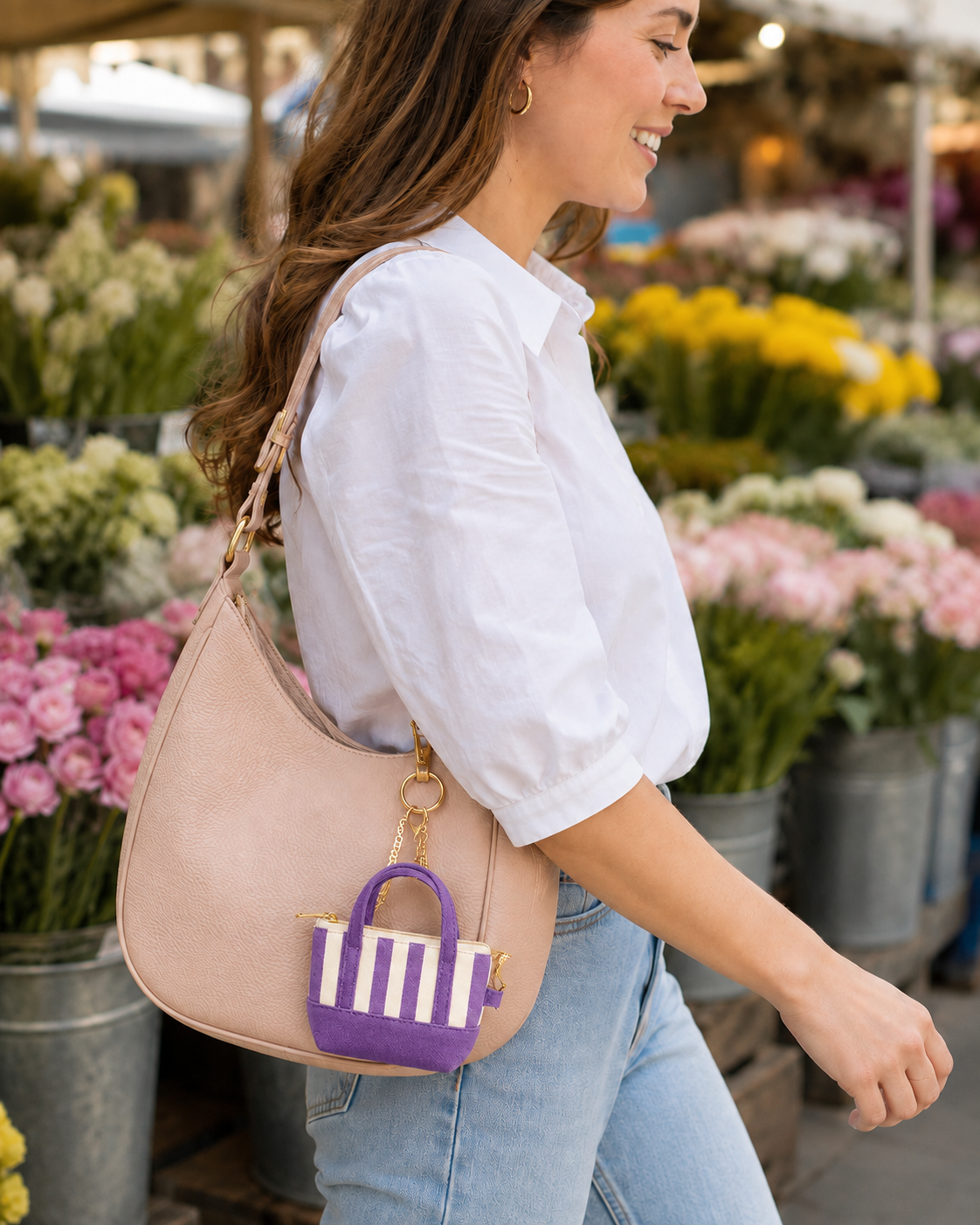 Purple Striped Mini Tote Bag Keychain | Zippered Purse Charm & Pouch