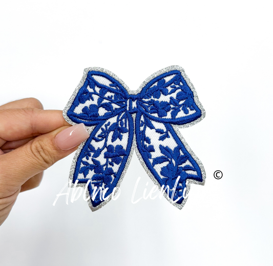 Royal Blue Floral Bow Glitter Embroidery Patch