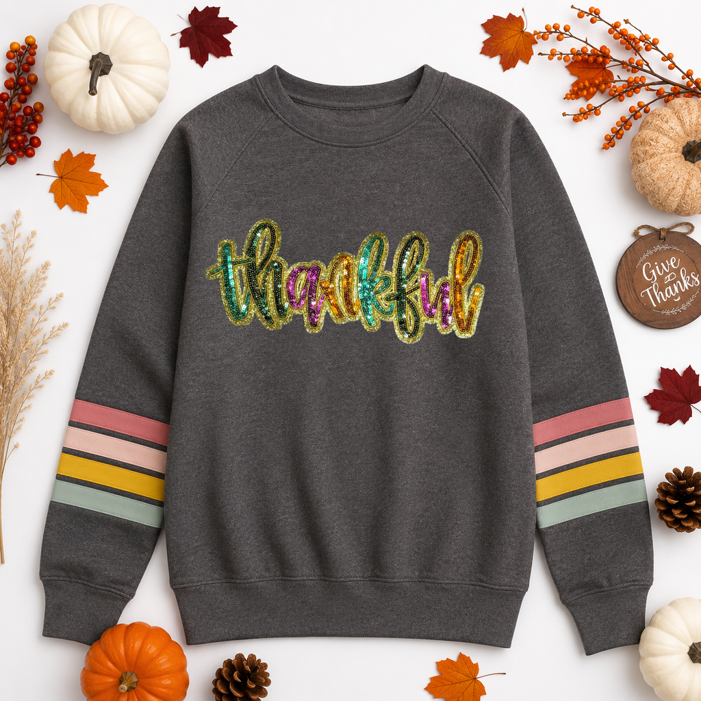 Colorful Thankful Thanksgiving Fall Sequin Patch Sweatshirt