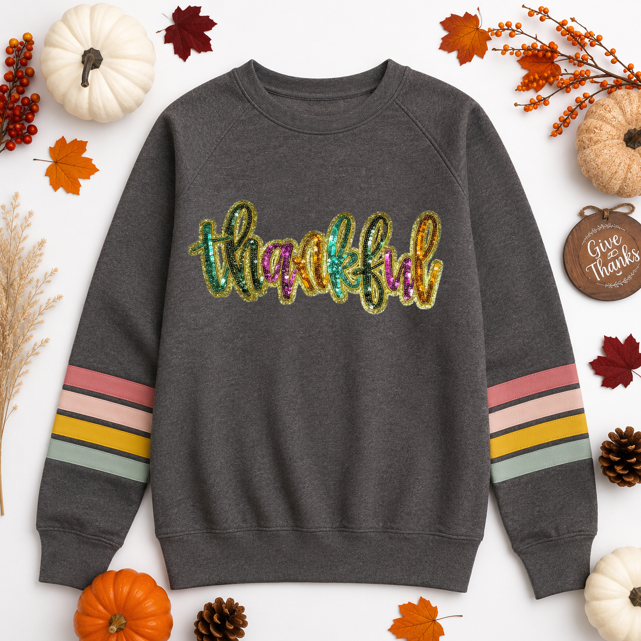 Colorful Thankful Thanksgiving Fall Sequin Patch Sweatshirt
