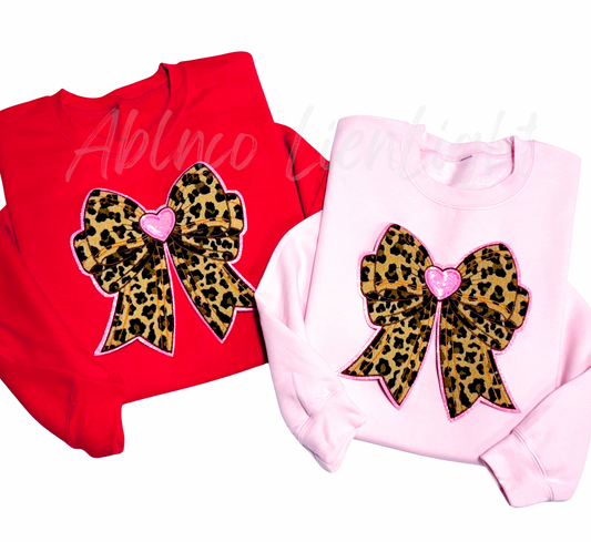 Chenille Cheetah Heart Bow Valentines Day Sequins Patch Sweatshirt