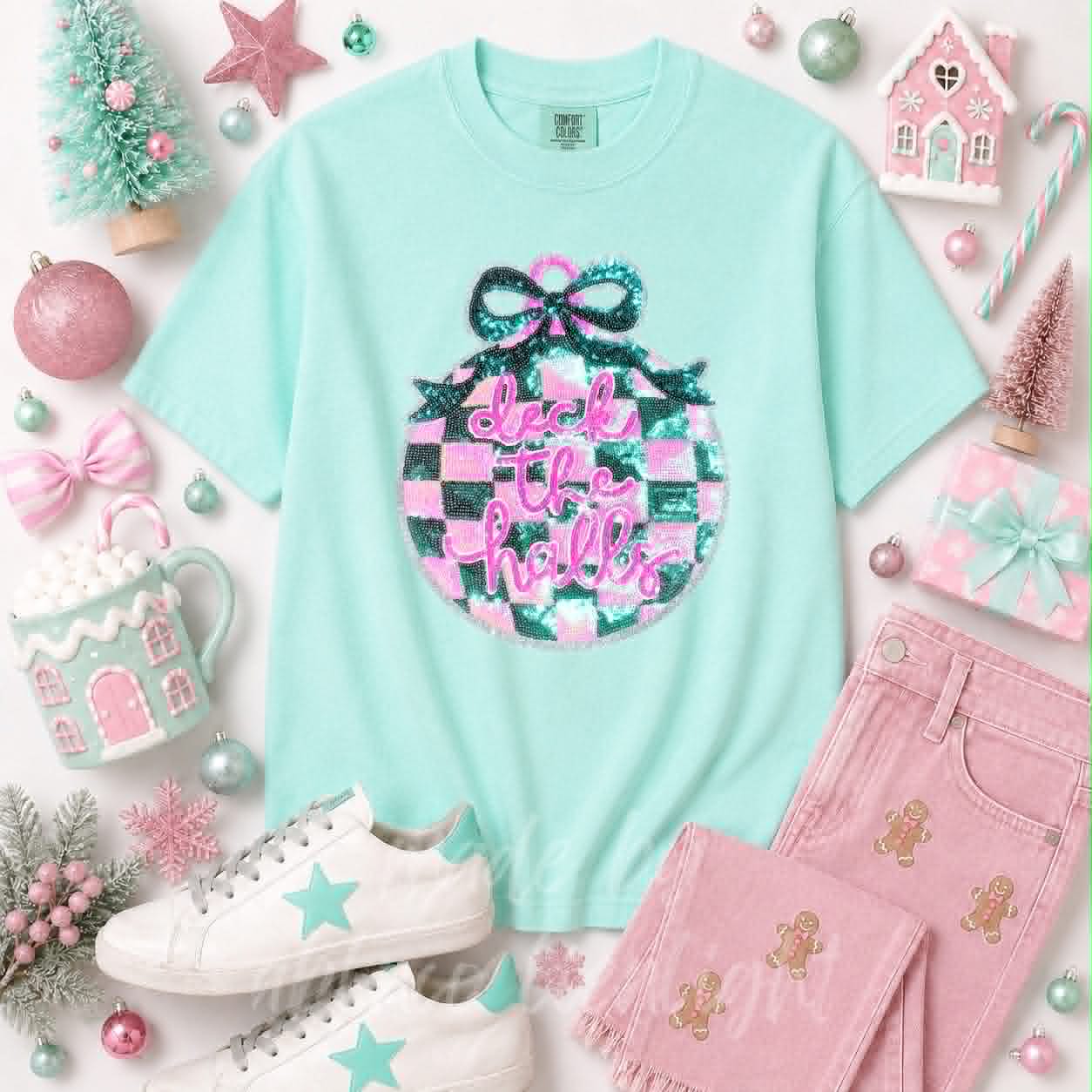 Deck the Halls Ornament Christmas Sequin Patch Tshirt