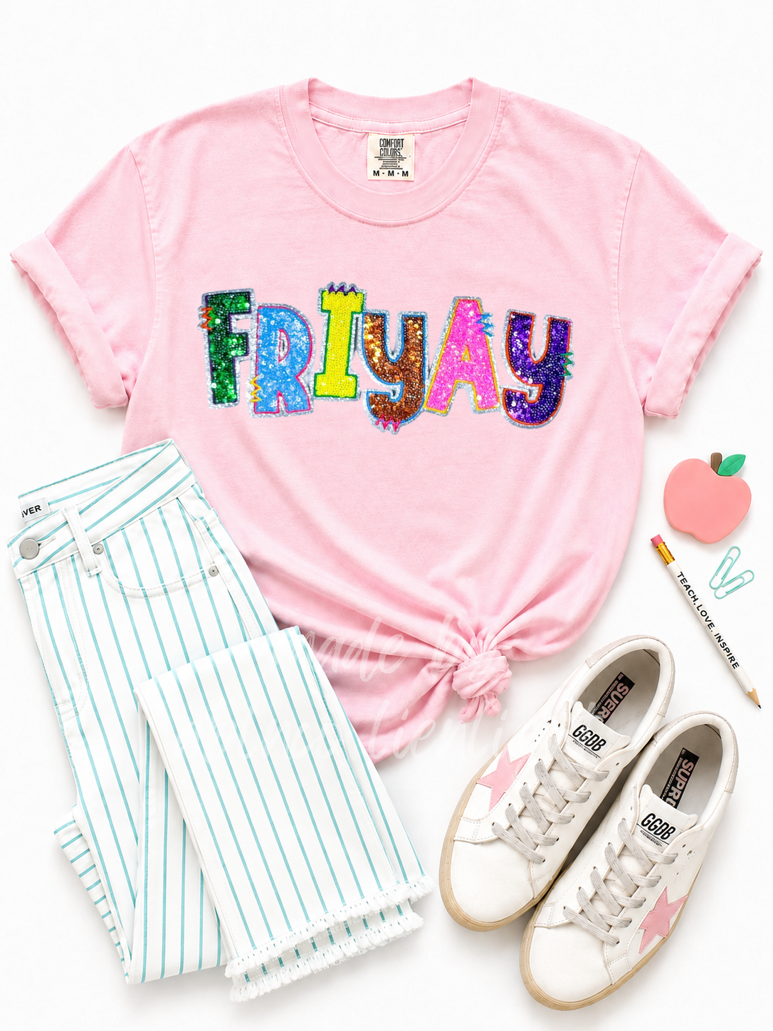 Colorful Friyay Teacher Sequin Patch Tshirt