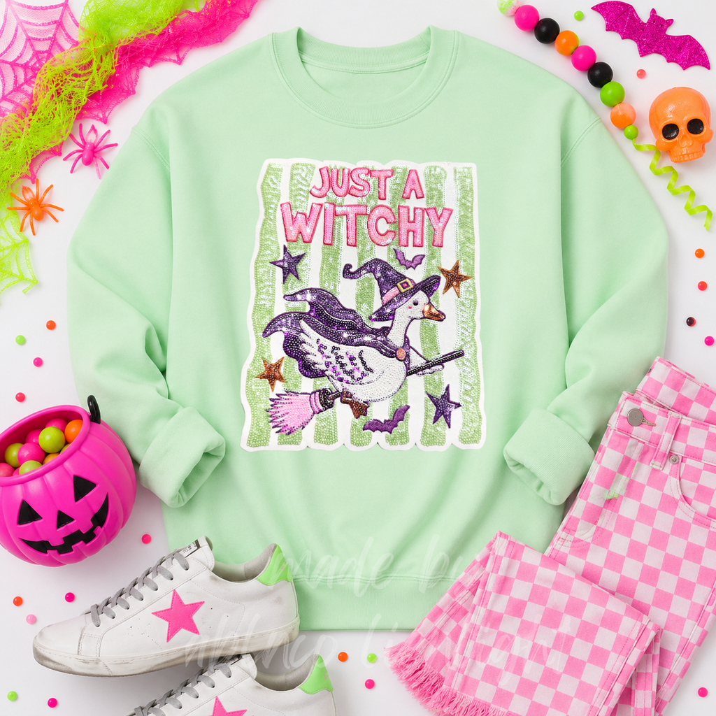 Just A Witchy Goose Halloween Sequin Patch Sweatshirt