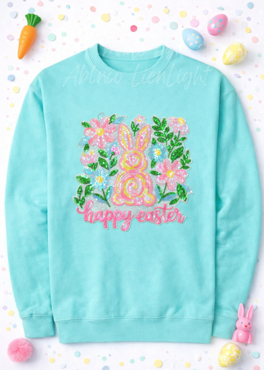 Floral Bunny Happy Easter Sequin Patch Sweatshirt