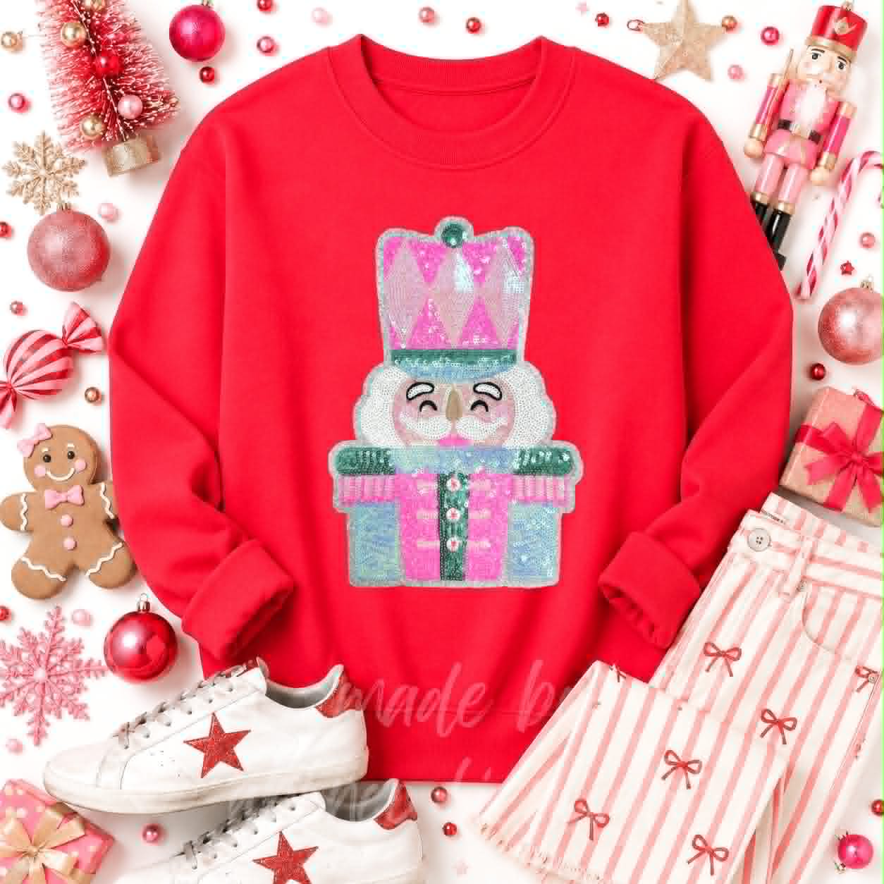Pink & Mint Nutcracker Christmas Sequin Patch Sweatshirt