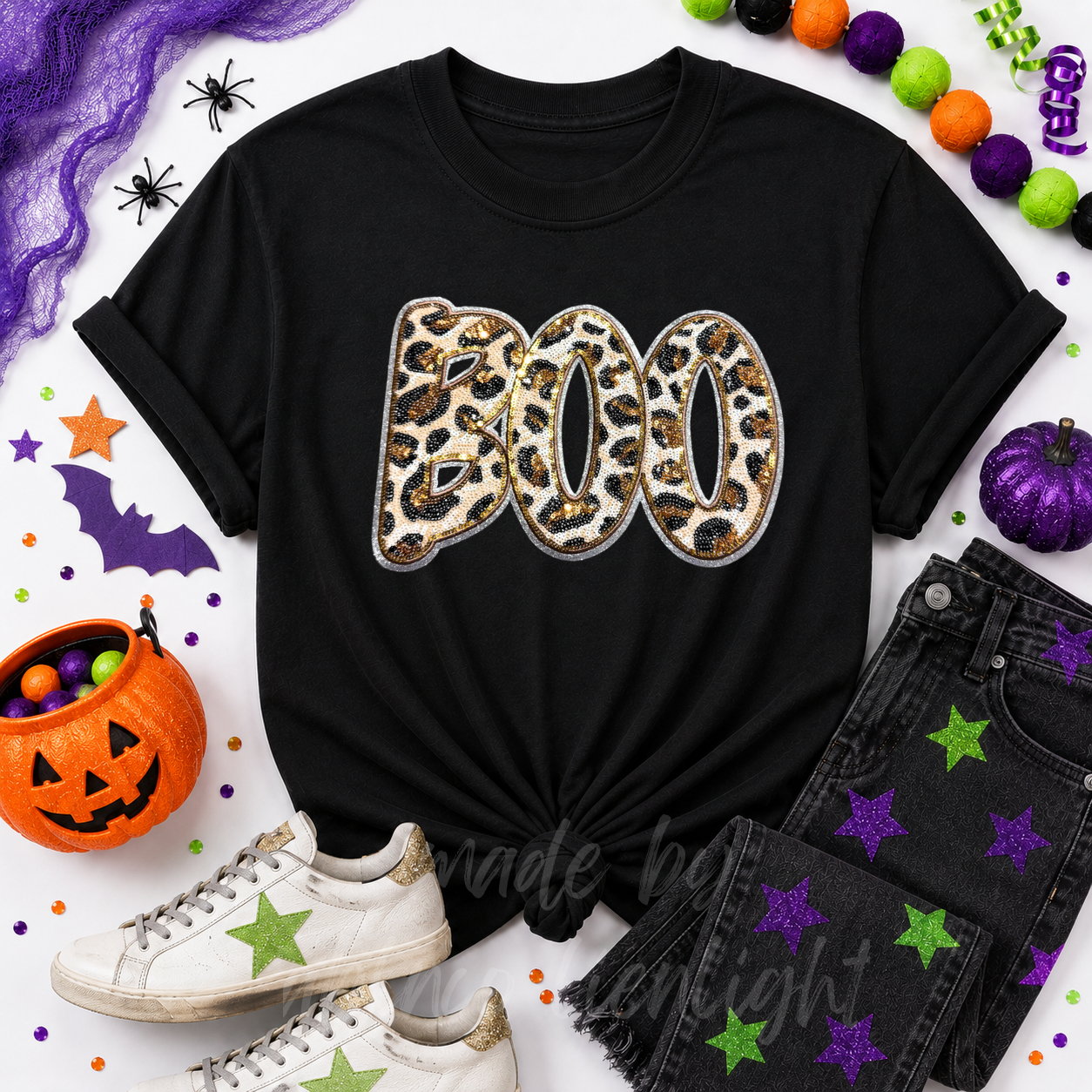 Cheetah Print Boo Halloween Sequin Patch Tshirt