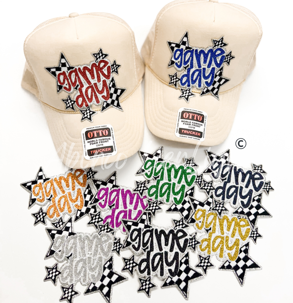 Black Game Day Checkered Star Sequin Glitter Patch