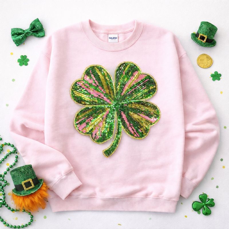 Colorful 4 Leaf Clover St Patricks Day Sequin Patch Sweatshirt