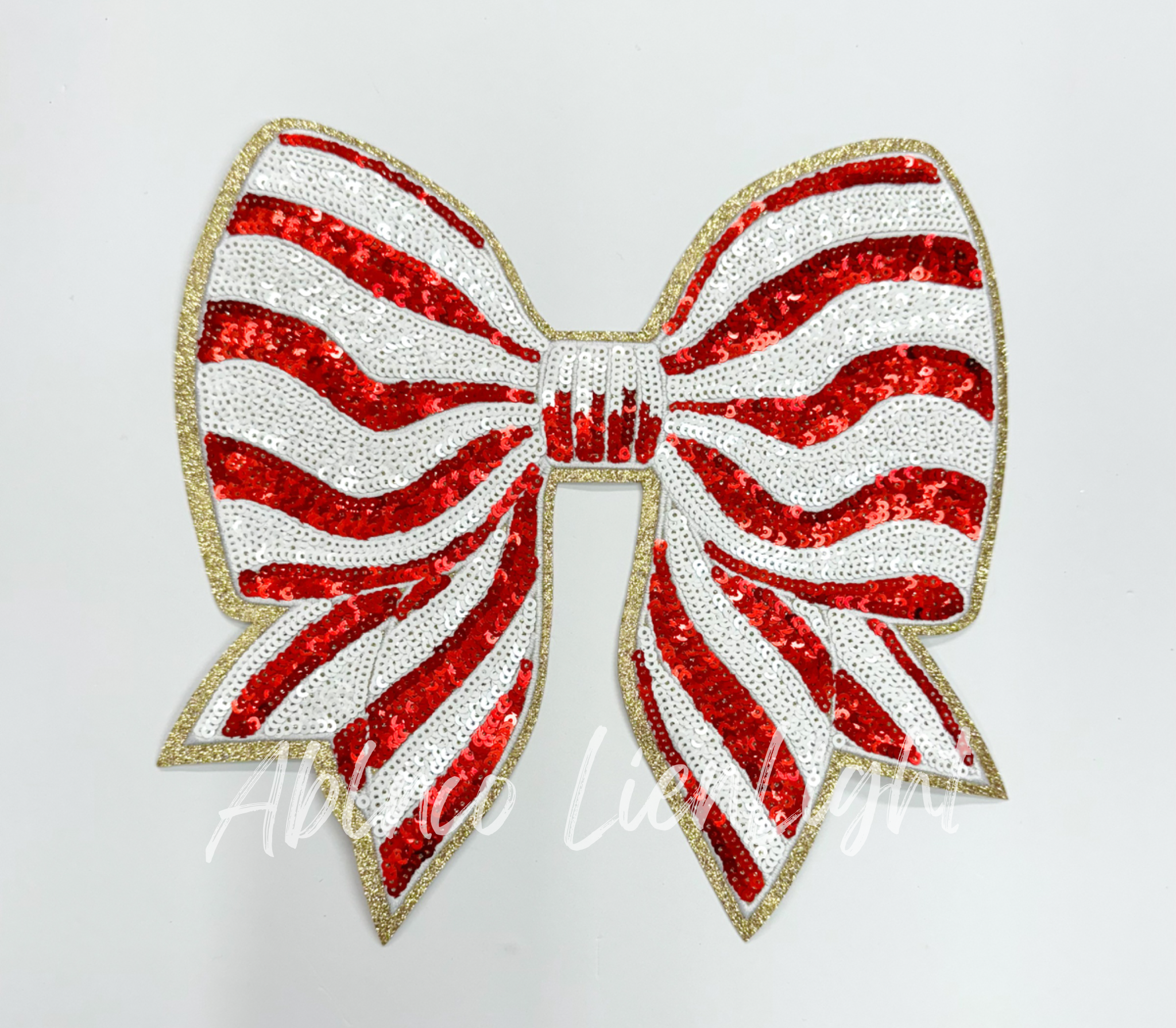 Red Stripe Bow Christmas Sequin Patch - Large