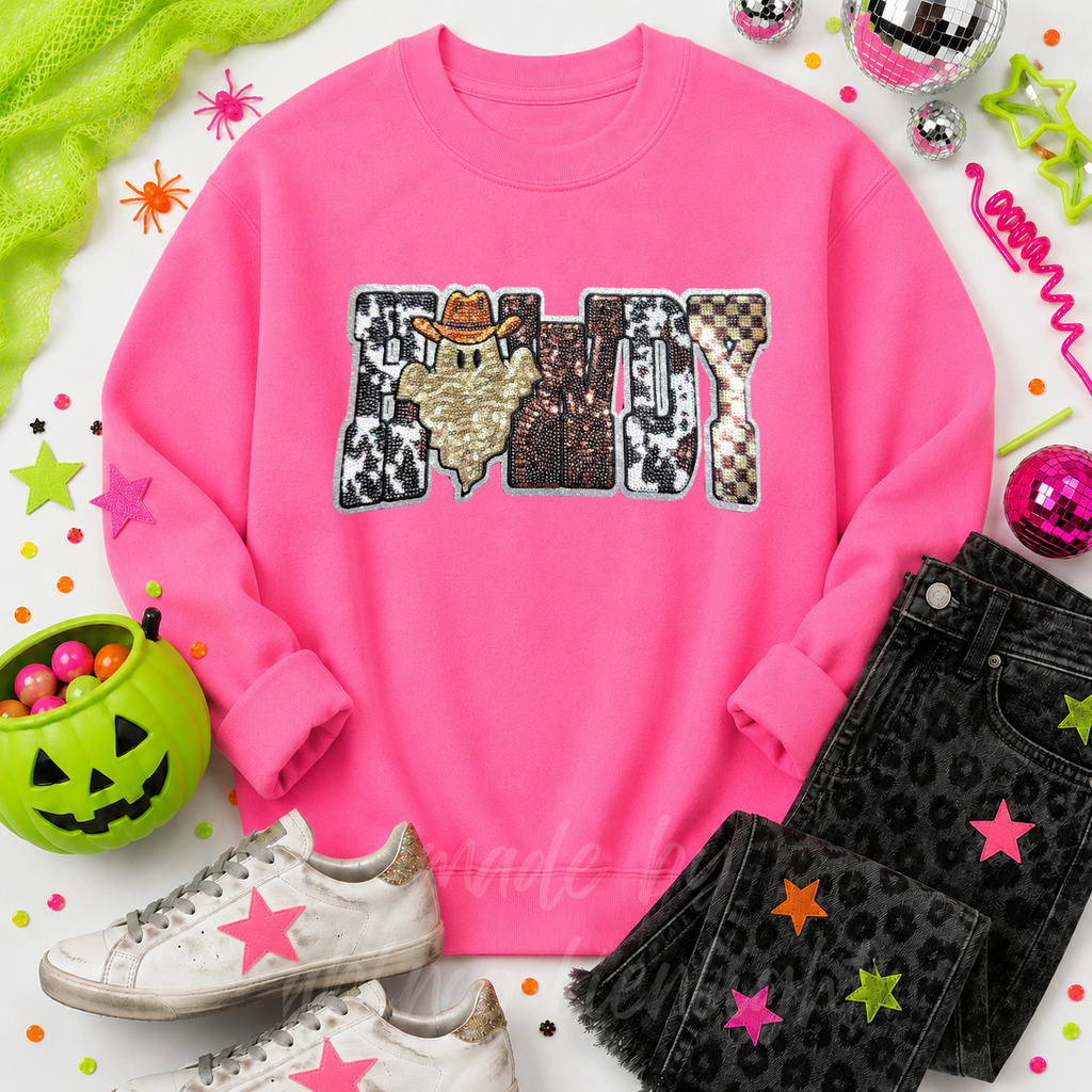 Cow Print Ghost Howdy Halloween Sequin Patch Sweatshirt
