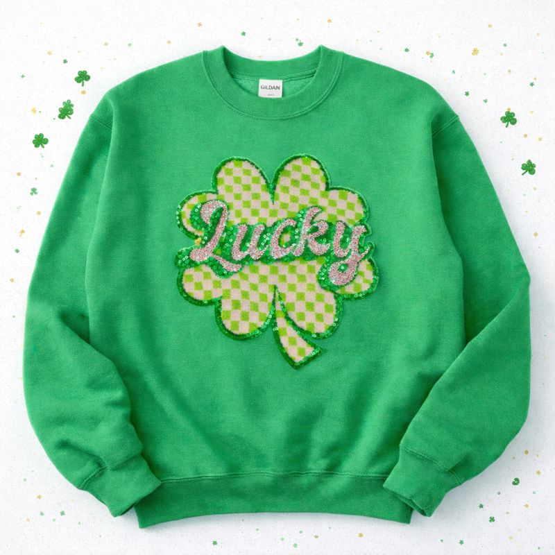 Lucky Checkered Clover St Patricks Day Chenille Sequin Patch Sweatshirt