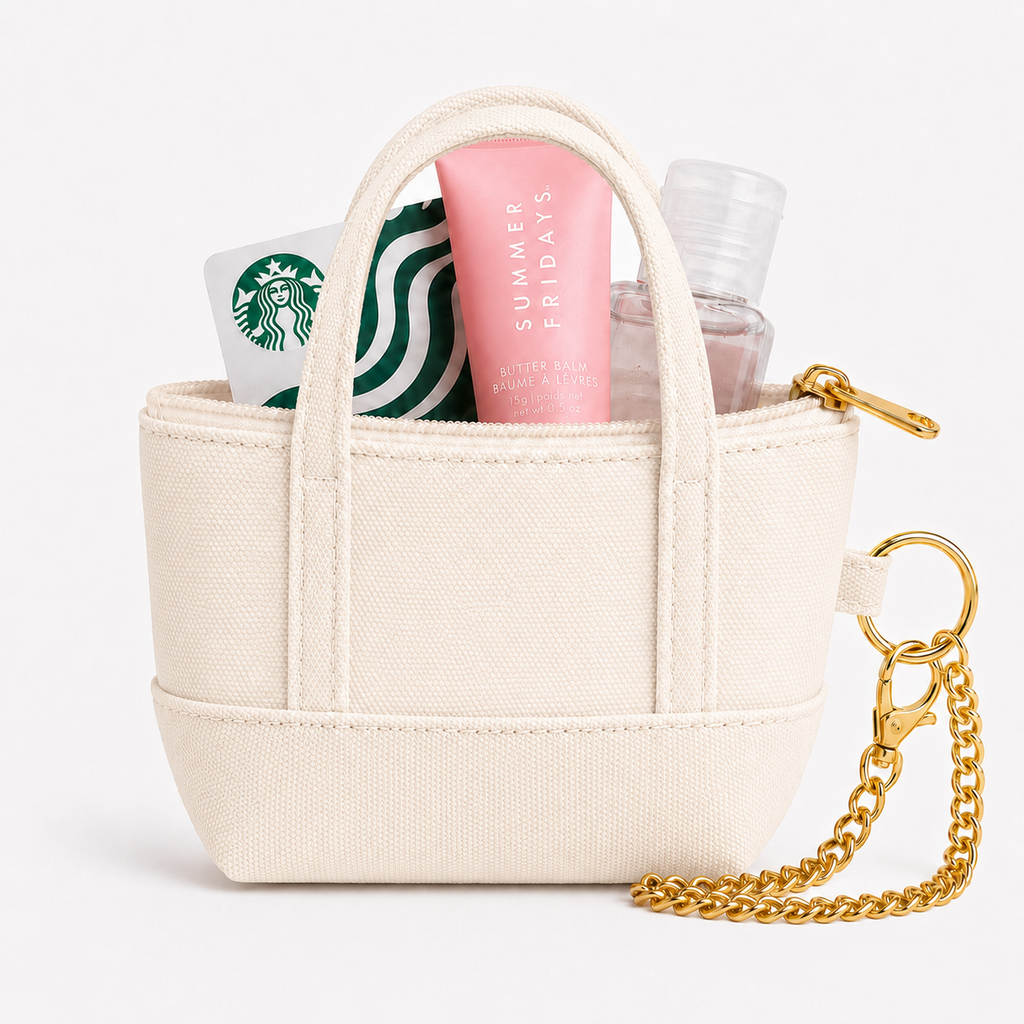 Beige Canva Mini Tote Bag Keychain | Zippered Purse Charm & Pouch