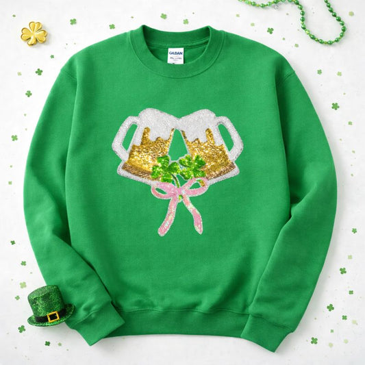 Boozy Bow Beer St Patricks Day Sequin Patch Sweatshirt