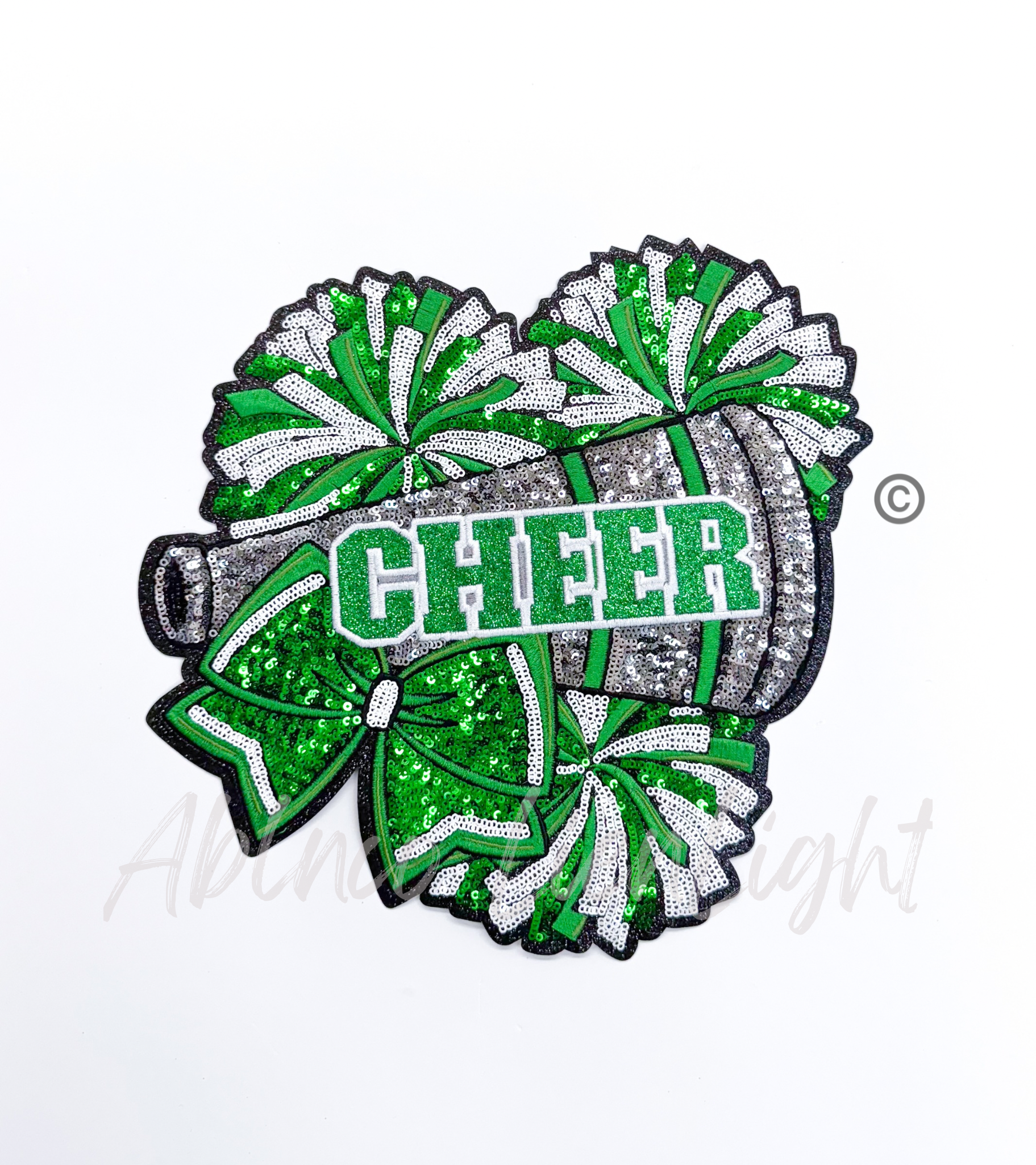 Green Cheer Bow Megaphone Poms  Sequin Patch - Large