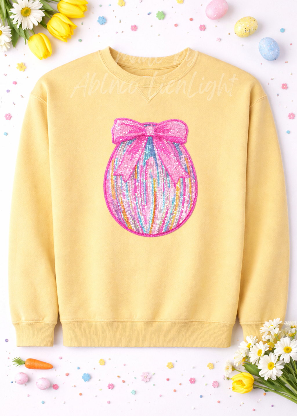 Pink Bow Ombre Colorful Egg Easter Sequin Patch Sweatshirt