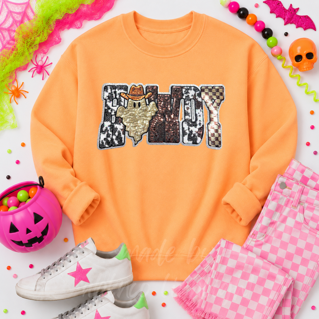 Cow Print Ghost Howdy Halloween Sequin Patch Sweatshirt