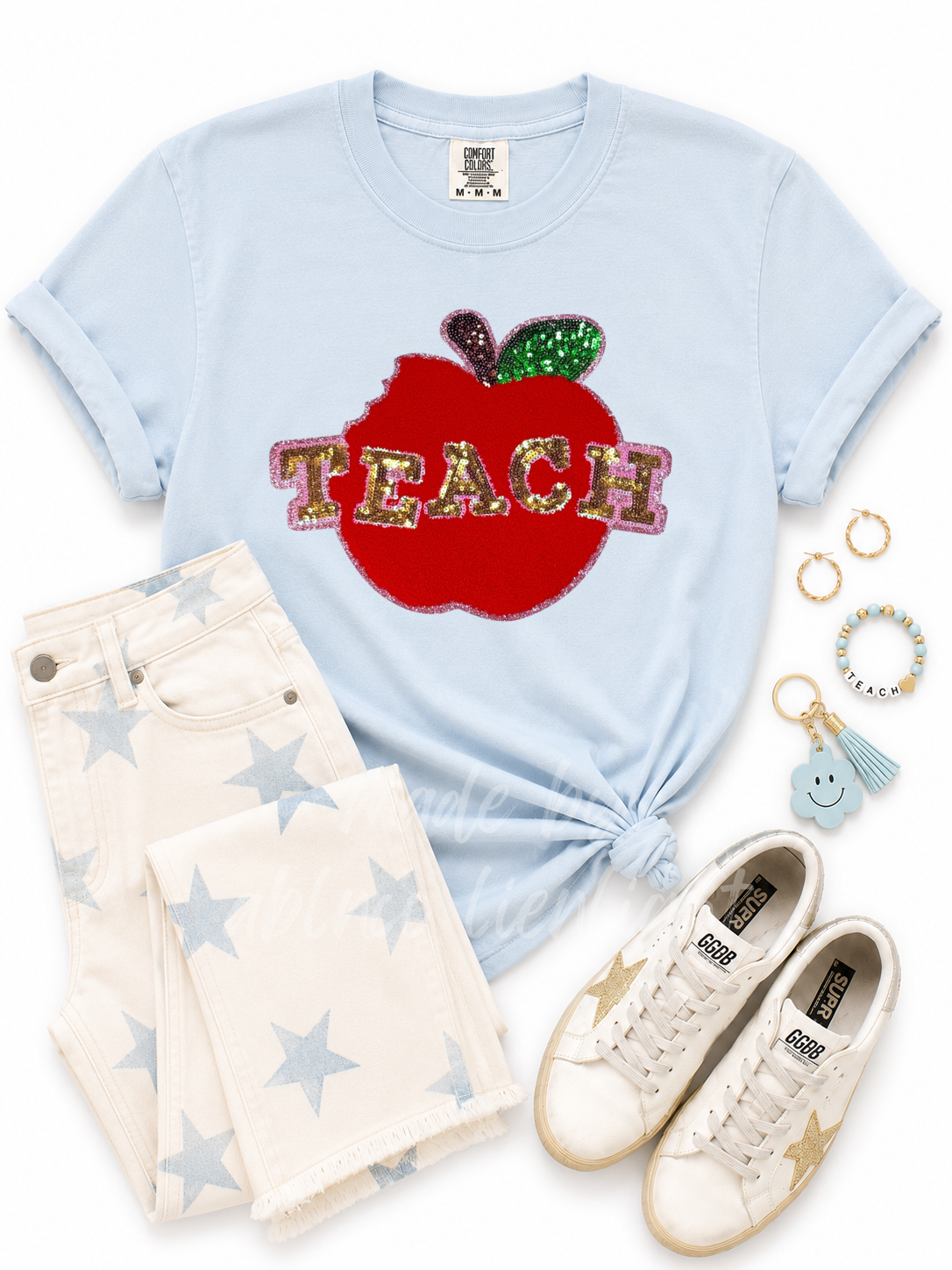 Teach Apple Teacher Chenille Sequin Patch Tshirt