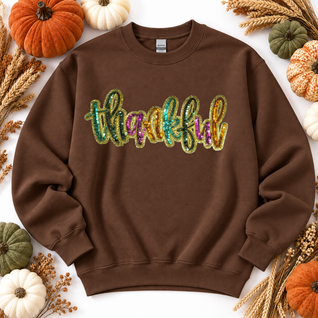 Colorful Thankful Thanksgiving Fall Sequin Patch Full Length Sweatshirt