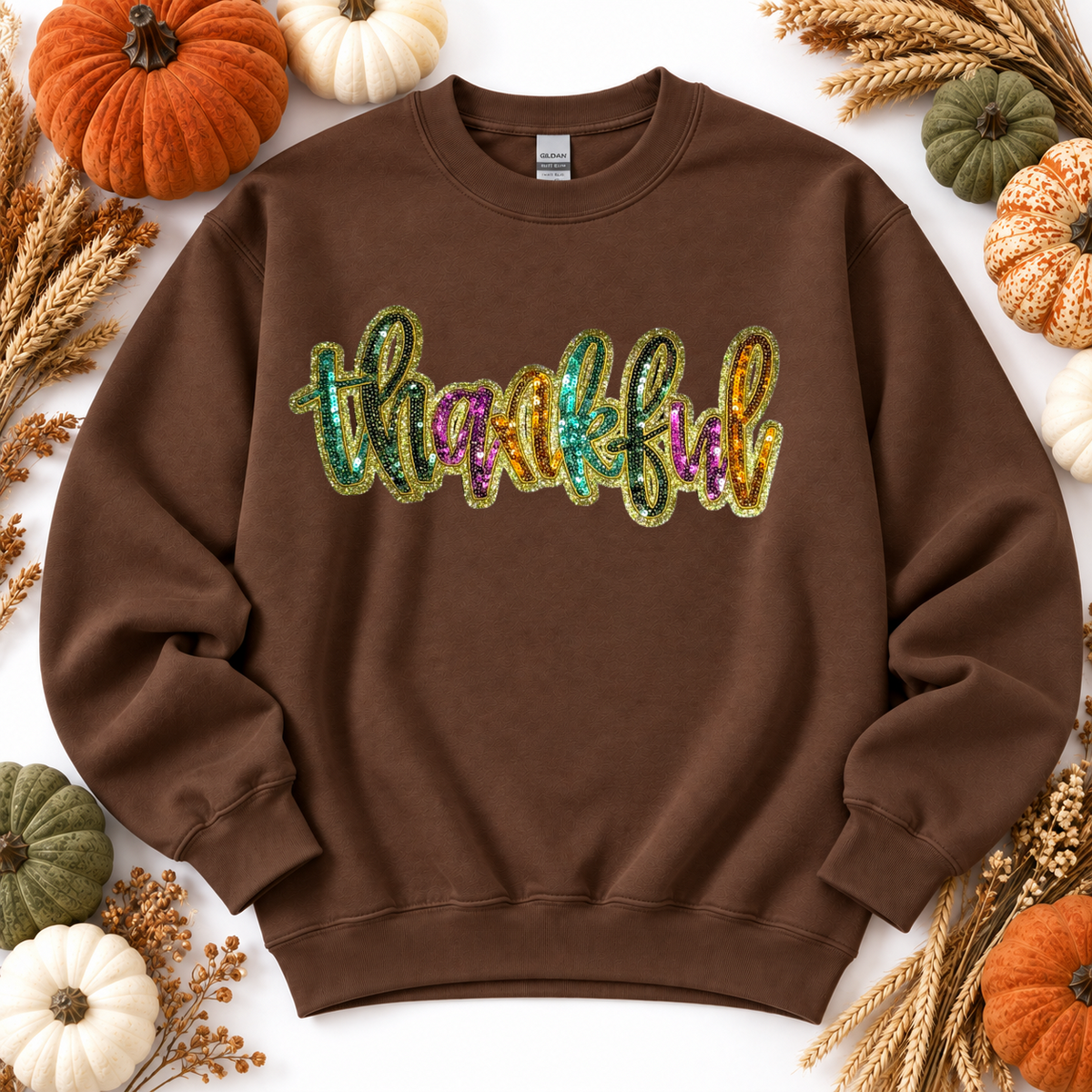 Colorful Thankful Thanksgiving Fall Sequin Patch Full Length Sweatshirt
