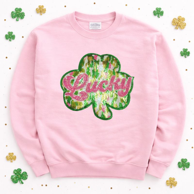 Colorful Pink Lucky Clover St Patricks Day Sequin Patch Sweatshirt