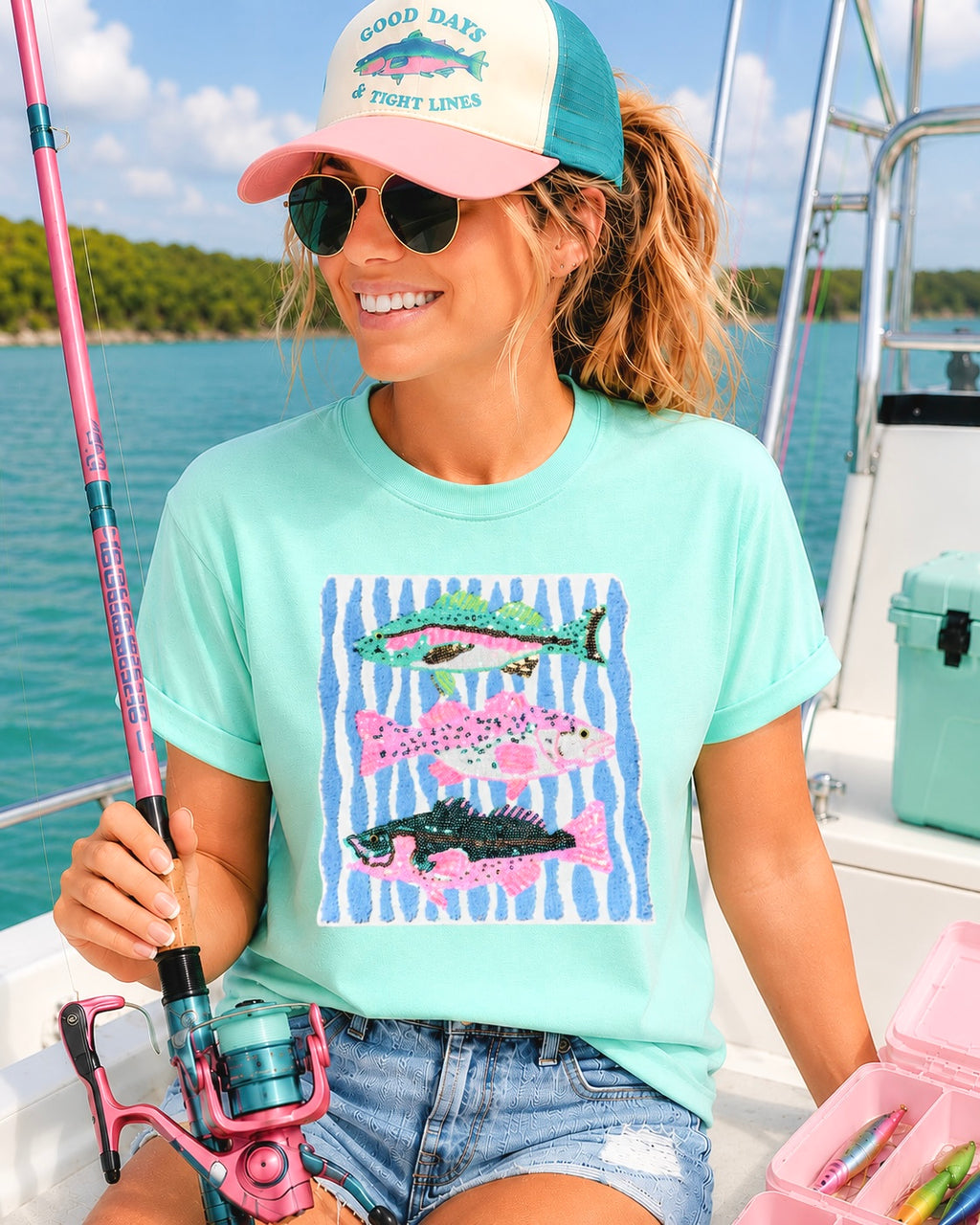 Pink & Teal Fish Trio Summer Sequin Patch Tshirt